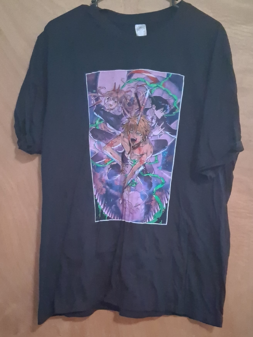 Black Graphic Anime T-Shirt with Purple & Green Panel